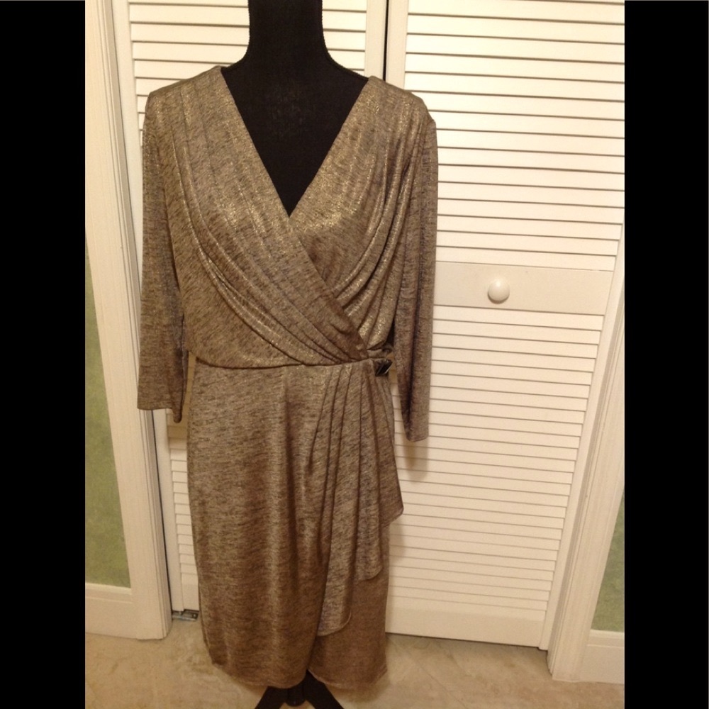 #36. Dress shimmery gold tone wrap around Maggy London